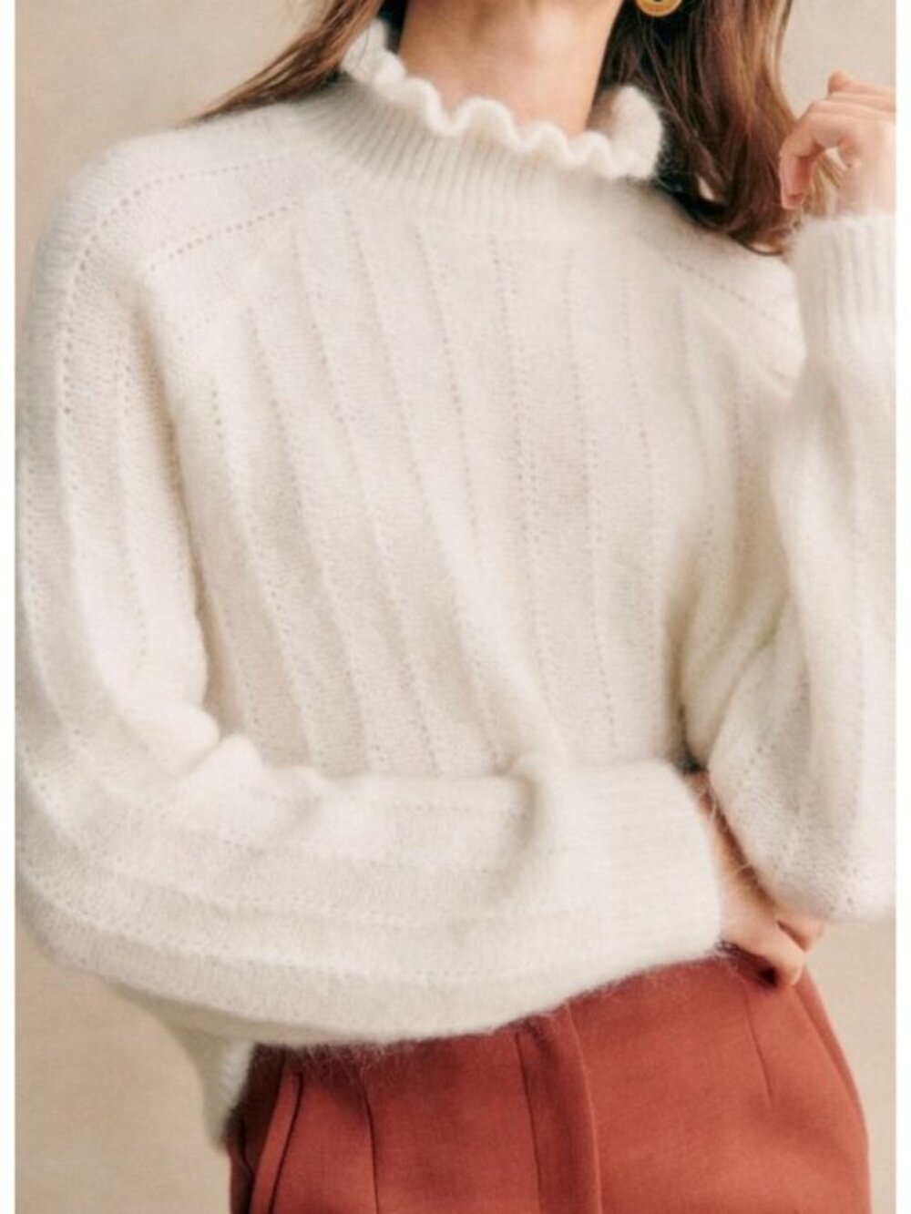 EUC Sezane Loris Mohair Wool Ruffle Neck Sweater Ecru XXS